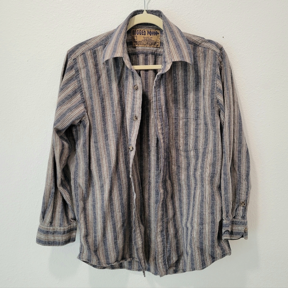Rugged Point 100% Cotton Button Up Shirt Mens Large Blue Gray/Tan Stripe